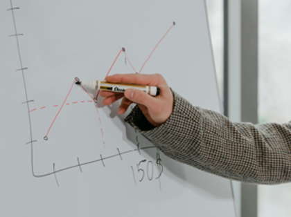 A person writing on a white board with a marker.
