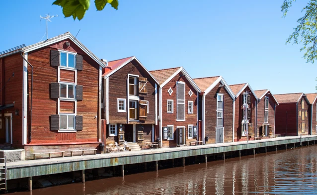 Waterfront buildings in Hudiksvall, Sweden, home of Monitor ERP's headquarters