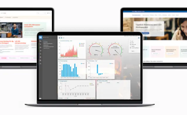 Three laptops with different screens on them. The laptop in the front is displaying Monitor ERP and the other two displays different banks.