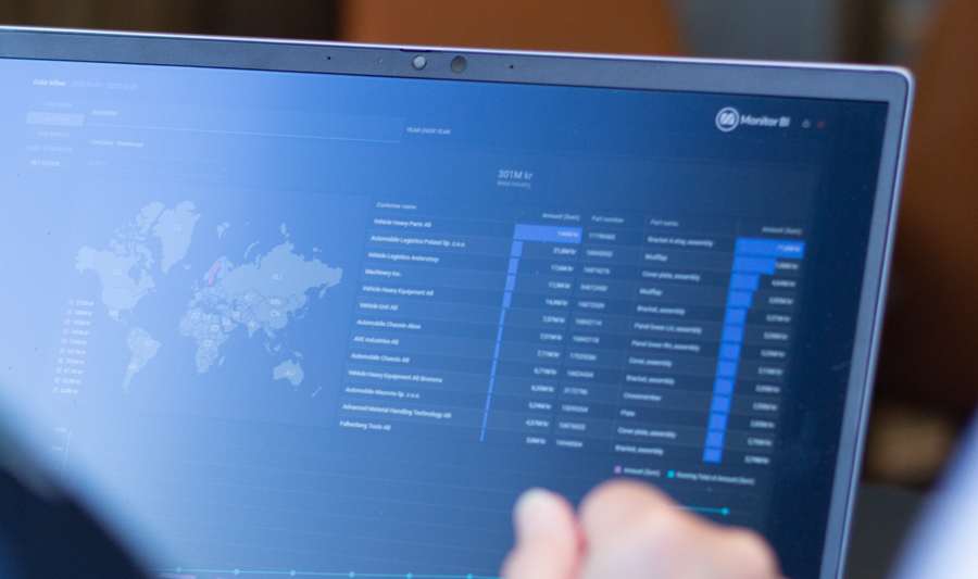 A person sitting in front of a laptop computer with Monitor BI (business intelligence) dashboards. 