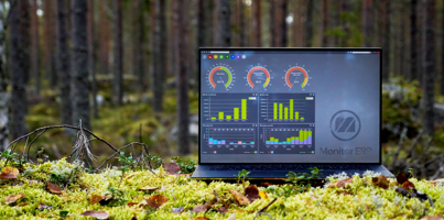 Illustration of Monitor ERP dashboards on a screen placed in nature, symbolizing sustainability.