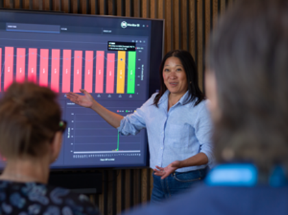 A woman at Monitor ERP giving a presentation to a group of people about Monitor BI (business intelligence)