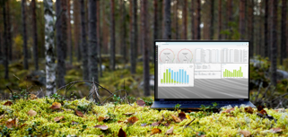 A laptop computer sitting on top of a moss covered field.