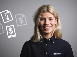A woman standing in front of a drawing of different file types (pdf, M2M, money signs)