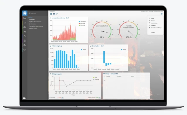 A laptop with Monitor ERP on the screen showing a dashboard.