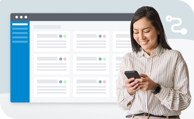 A woman looking at her phone in front of an illustration of a CRM dashboard.