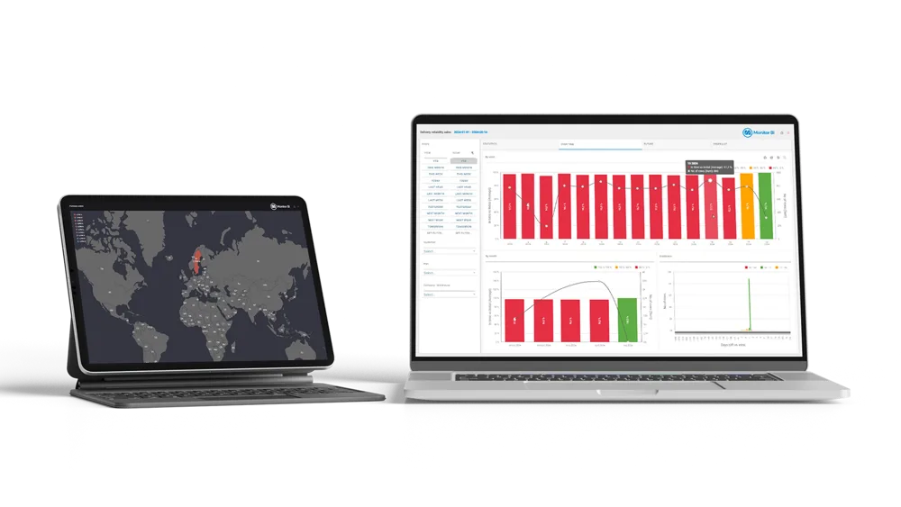 Illustration: A laptop computer sitting next to a desktop computer, both showing dashboards from Monitor BI (business intelligence)
