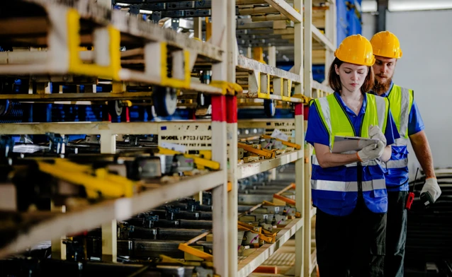 workers checking and inspecting metal machine part items for shipping. male and woman checking the store factory. industry factory warehouse. The warehouse of spare part for machinery and vehicles.