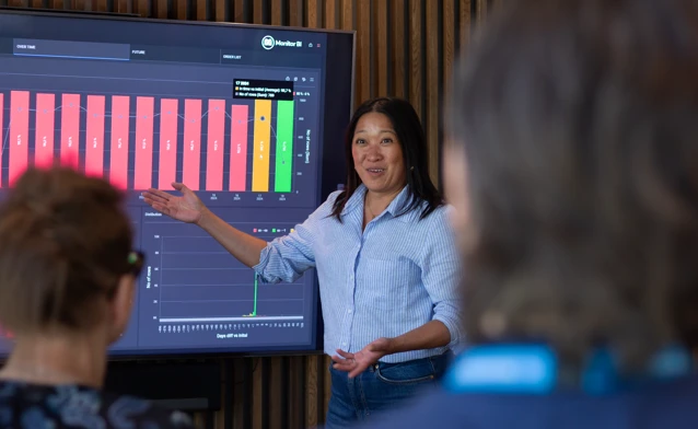 A person at Monitor ERP giving a presentation to a group of people about Monitor BI (business intelligence)