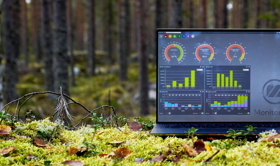 Illustration of Monitor ERP dashboards on a screen placed in nature, symbolizing sustainability.