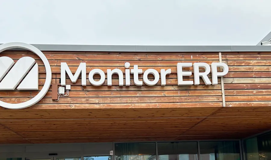 A sign of Monitor ERP on the side of the Monitor ERP headcourter in Sweden, Hudiksvall