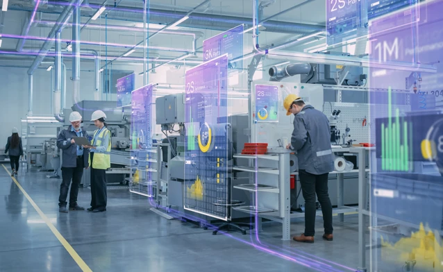 Factory workers using Monitor AI in Monitor ERP to analyse manufacturing data on the production floor