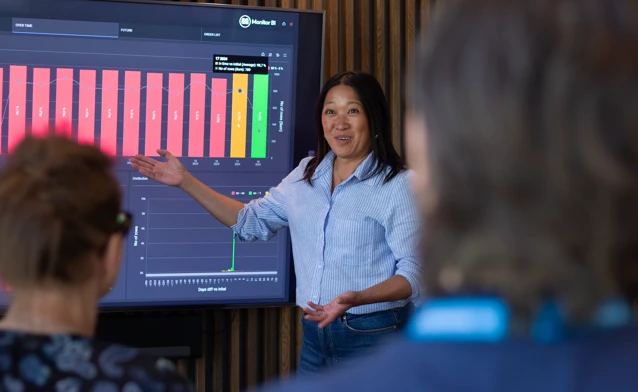 A woman at Monitor ERP giving a presentation to a group of people about Monitor BI (business intelligence)