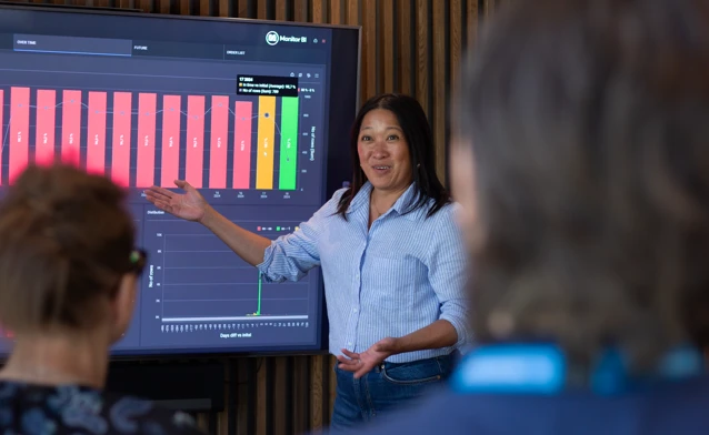 En kvinna på Monitor ERP håller en presentation för en grupp människor om Monitor ERP.